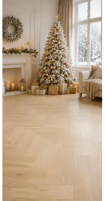 Fond photo Noël — Salon scandinave clair & sapin blanc