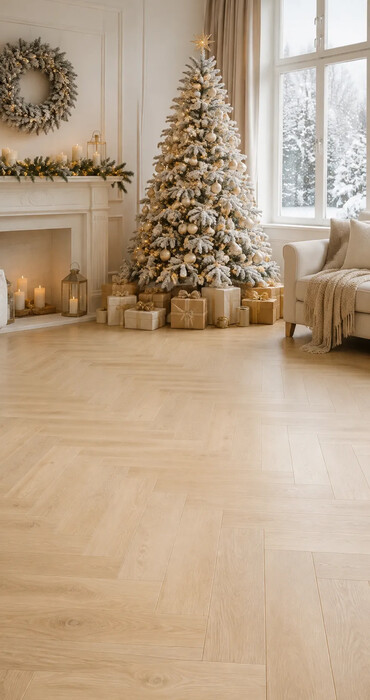 Fond photo Noël — Salon scandinave clair & sapin blanc