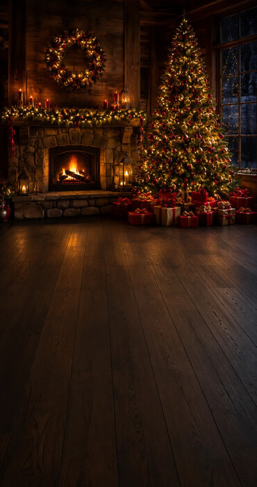 Fond photo Noël — Chalet chaleureux & cheminée