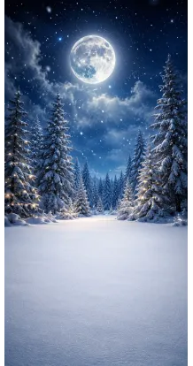 Fond photo Noël — Forêt enneigée sous la pleine lune