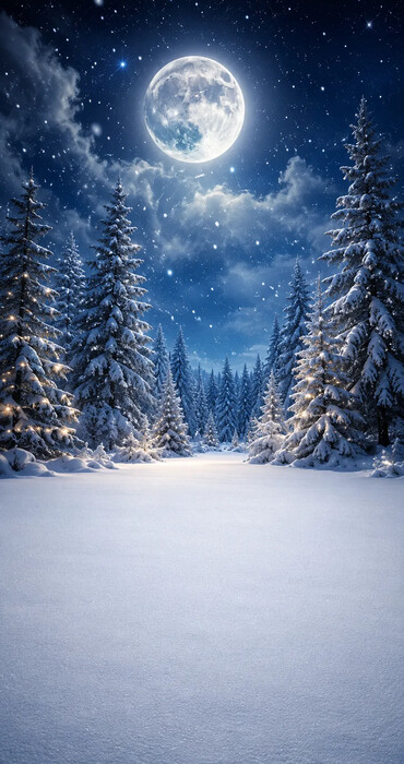 Fond photo Noël — Forêt enneigée sous la pleine lune