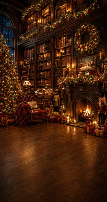 Fond photo Noël — Bibliothèque cosy de Noël