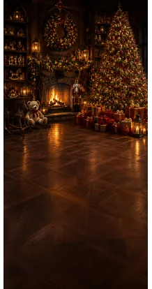 Fond photo Noël — Salon chaleureux & grand sapin