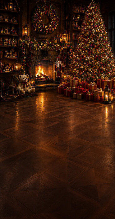 Fond photo Noël — Salon chaleureux & grand sapin