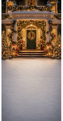 Fond photo Noël — Porche enneigé & porte de Noël