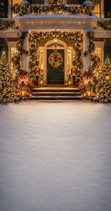 Fond photo Noël — Porche enneigé & porte de Noël