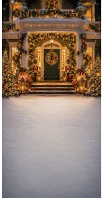 Fond photo Noël — Porche enneigé & porte de Noël