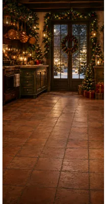 Fond photo Noël — Cuisine & porte vitrée enneigée