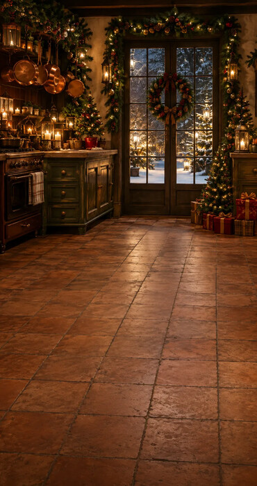 Fond photo Noël — Cuisine & porte vitrée enneigée