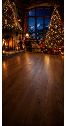 Fond photo Noël — Chalet & baie vitrée sur montagnes