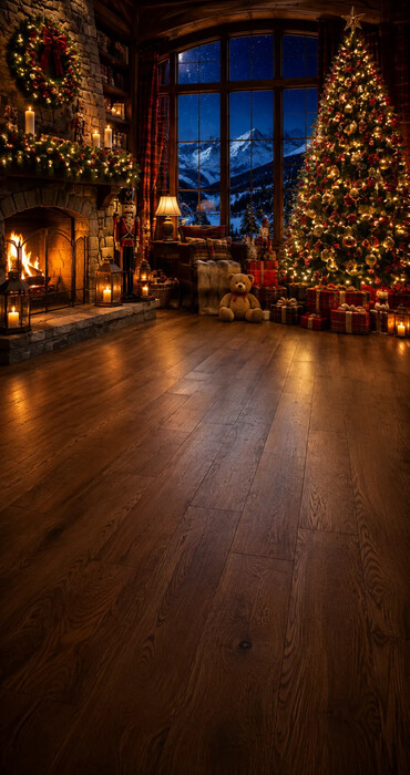Fond photo Noël — Chalet & baie vitrée sur montagnes