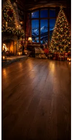Fond photo Noël — Chalet & baie vitrée sur montagnes