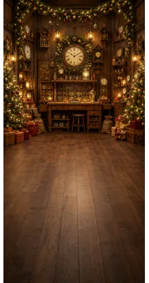 Christmas photo backdrop Enchanted watchmaker's workshop