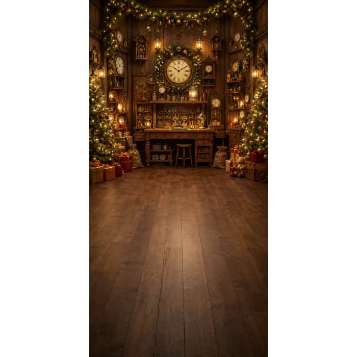 Christmas photo backdrop Enchanted watchmaker's workshop