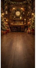 Christmas photo backdrop Enchanted watchmaker's workshop