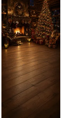 Christmas photo backdrop Chalet lounge by candlelight