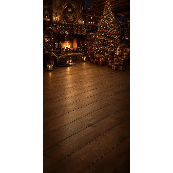 Christmas photo backdrop Chalet lounge by candlelight