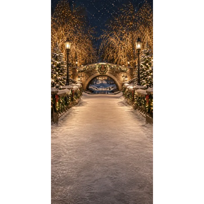 Christmas photo backdrop Illuminated snowy bridge