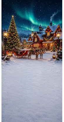 Christmas photo backdrop Lapland village under the aurora