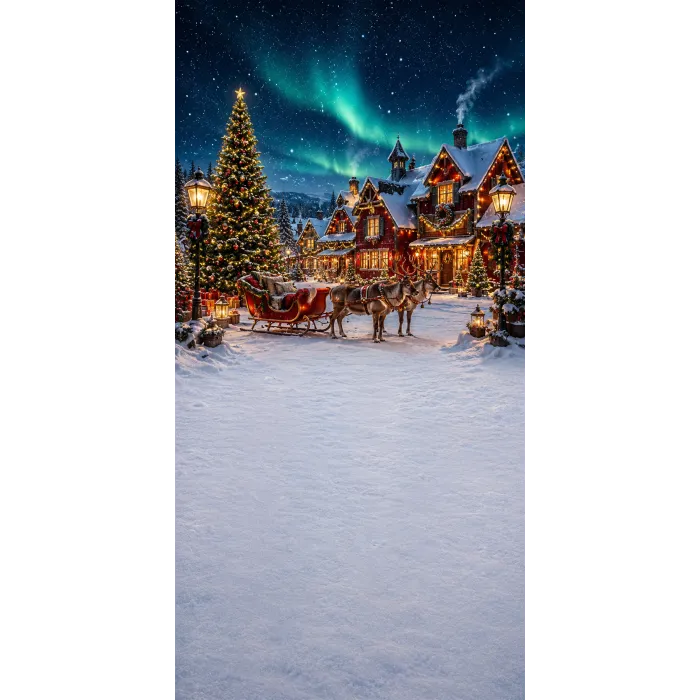 Christmas photo backdrop Lapland village under the aurora