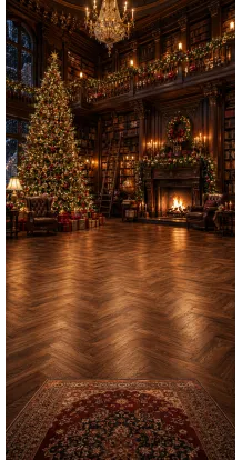Christmas photo backdrop Library by the fireside
