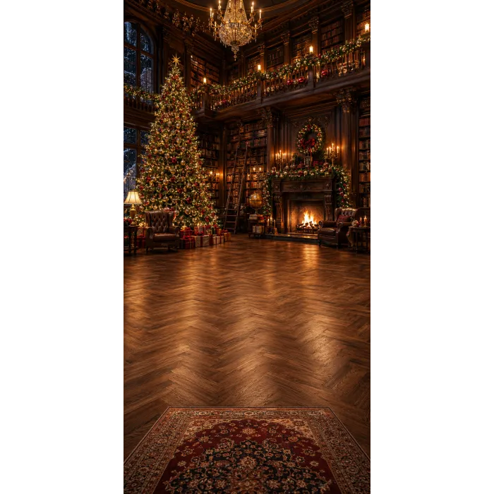 Christmas photo backdrop Library by the fireside