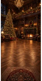 Christmas photo backdrop Library by the fireside