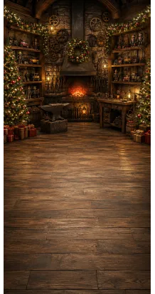 Christmas photo backdrop Santa's toy workshop