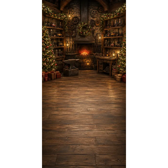 Christmas photo backdrop Santa's toy workshop