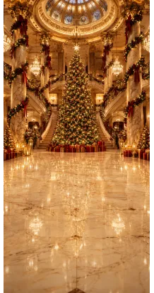 Christmas photo backdrop Illuminated palace with a monumental tree