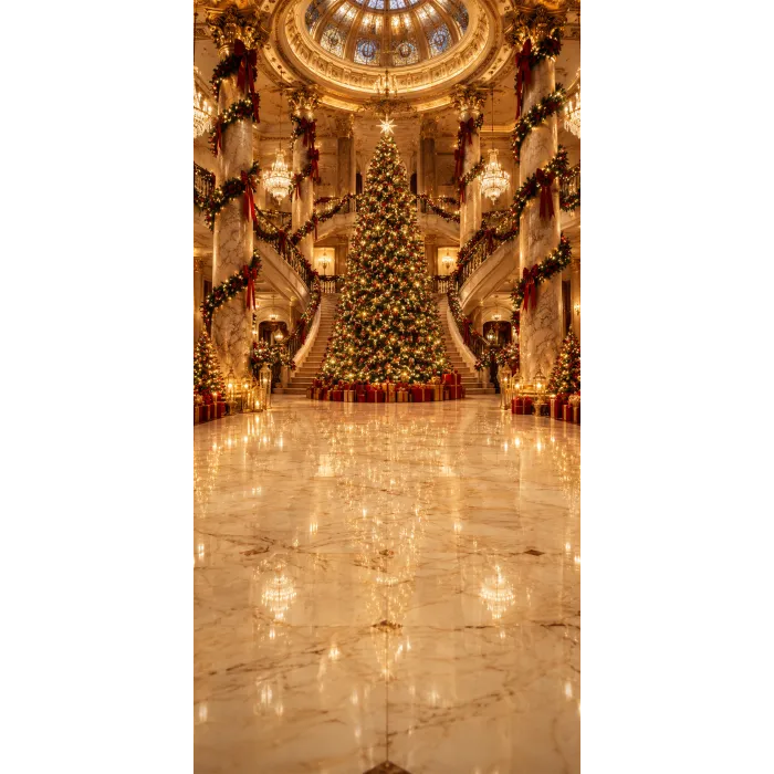 Christmas photo backdrop Illuminated palace with a monumental tree