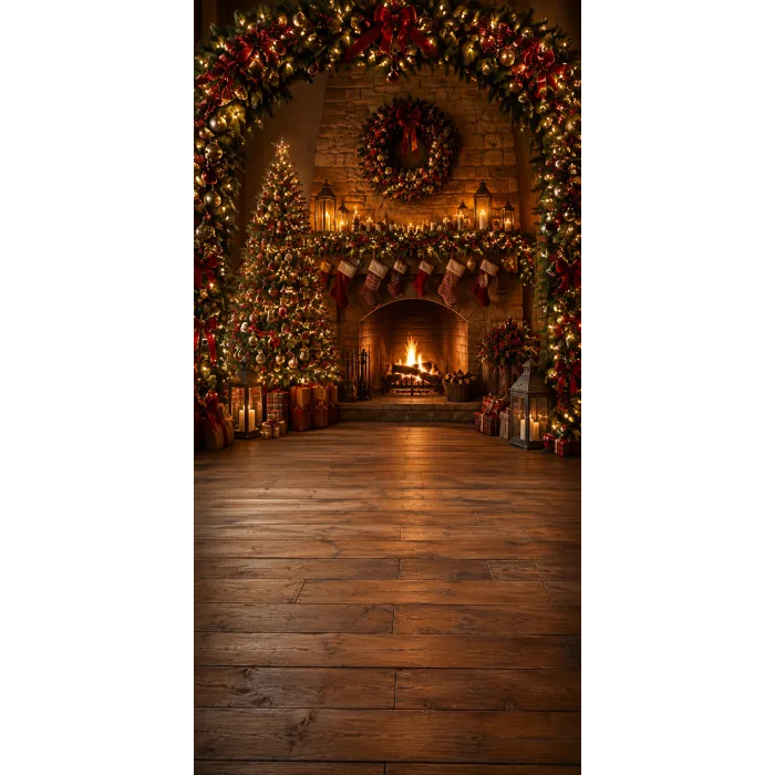 Christmas photo backdrop Cosy fireplace arch
