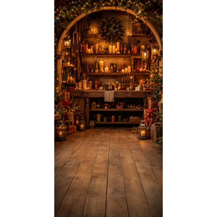 Christmas photo backdrop Cosy candle workshop