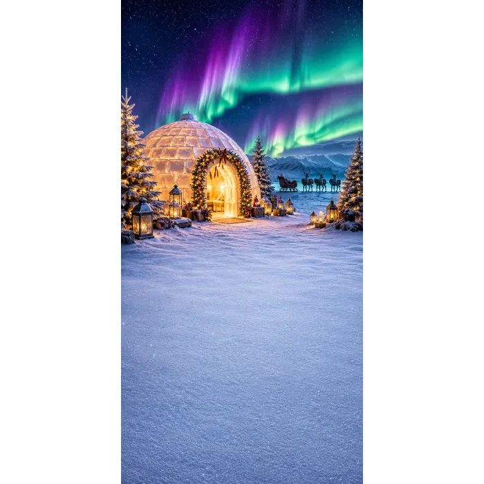 Christmas photo backdrop Igloo village under the aurora
