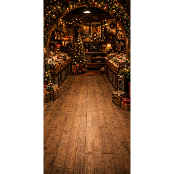 Christmas photo backdrop Vintage record shop