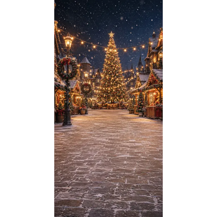 Christmas photo backdrop Great tree on the village square