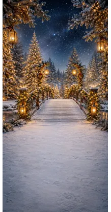 Christmas photo backdrop Enchanted snowy footbridge