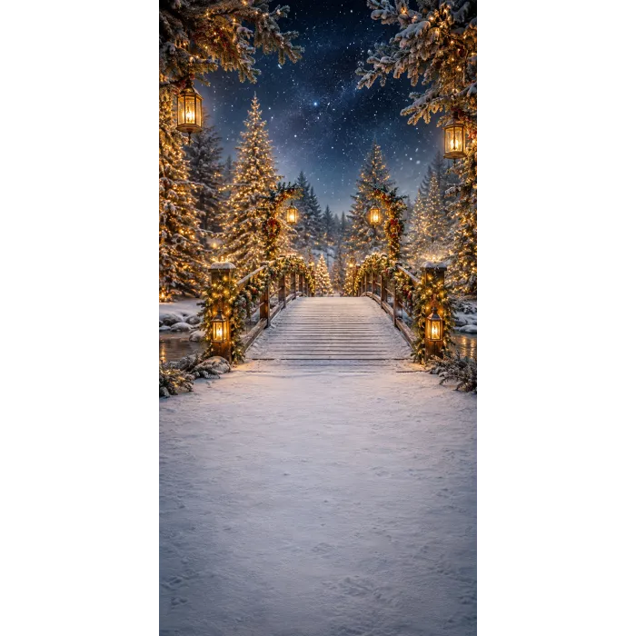 Christmas photo backdrop Enchanted snowy footbridge