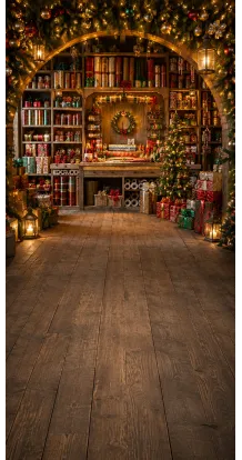 Christmas photo backdrop Cosy gift-wrapping workshop