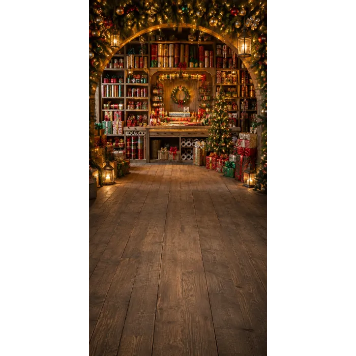 Christmas photo backdrop Cosy gift-wrapping workshop