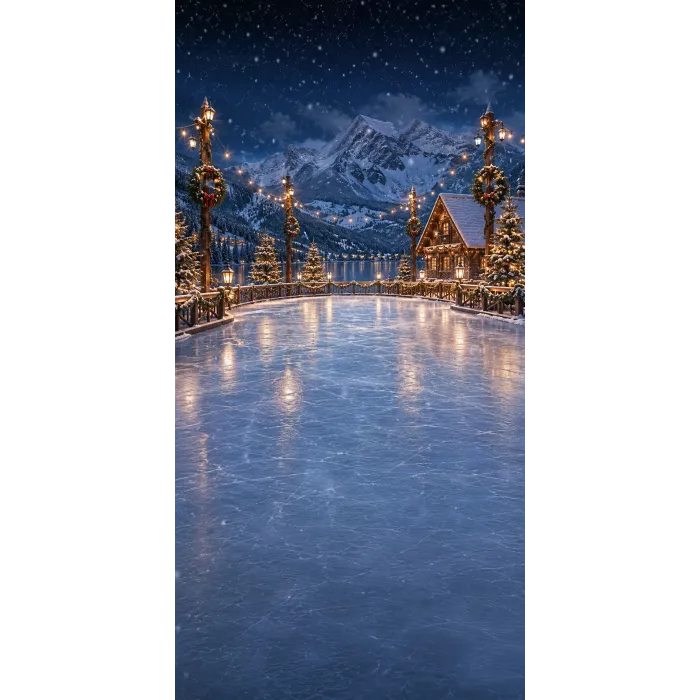Christmas photo backdrop Magical lakeside ice rink
