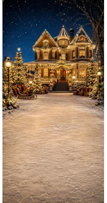 Christmas photo backdrop Illuminated Victorian manor