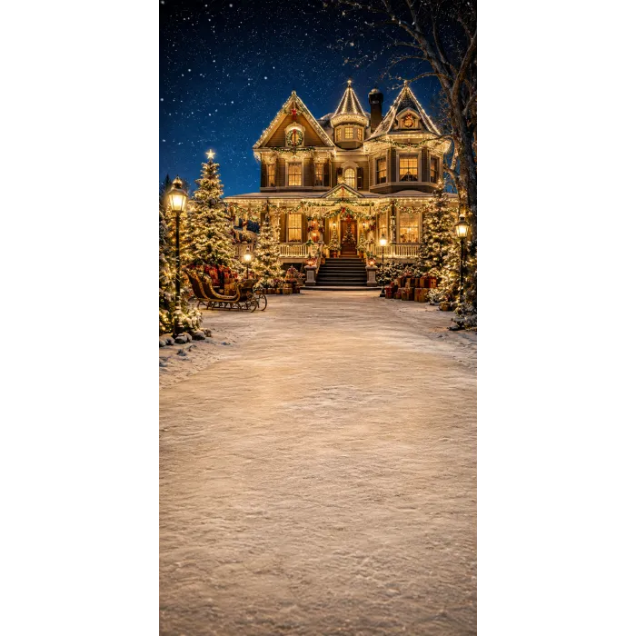 Christmas photo backdrop Illuminated Victorian manor