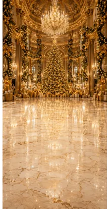Christmas photo backdrop Golden palace with a grand tree