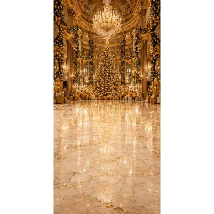 Christmas photo backdrop Golden palace with a grand tree
