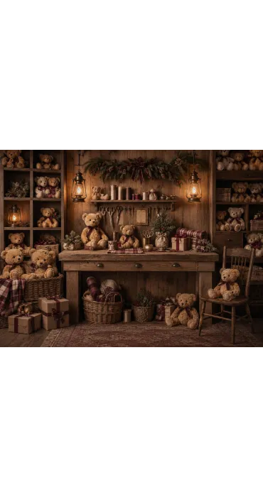 Fond de studio photo de Noël L’Atelier des Nounours — atelier vintage garni d’ours en peluche