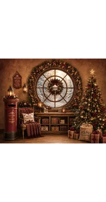 Fond de studio photo de Noël Le Bureau du Père Noël — fenêtre ronde et boîte aux lettres rouge