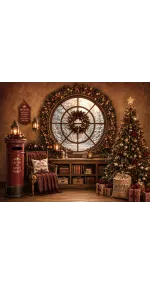 Christmas photo studio backdrop Santa's Study — round window and red mailbox