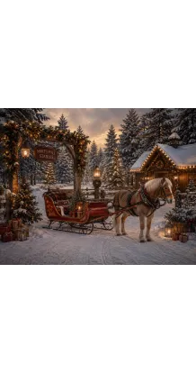 Fond de studio photo de Noël Les Écuries du Pôle Nord — cheval et traîneau rouge sous la neige