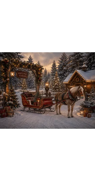 Christmas photo studio backdrop The North Pole Stables — horse and red sleigh in the snow